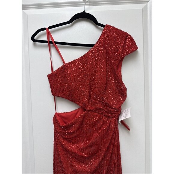 New Mac Duggal Size 0 Red 42022 Sequined One Shoulder Cut Out Gown Dress $398 - Picture 6 of 12